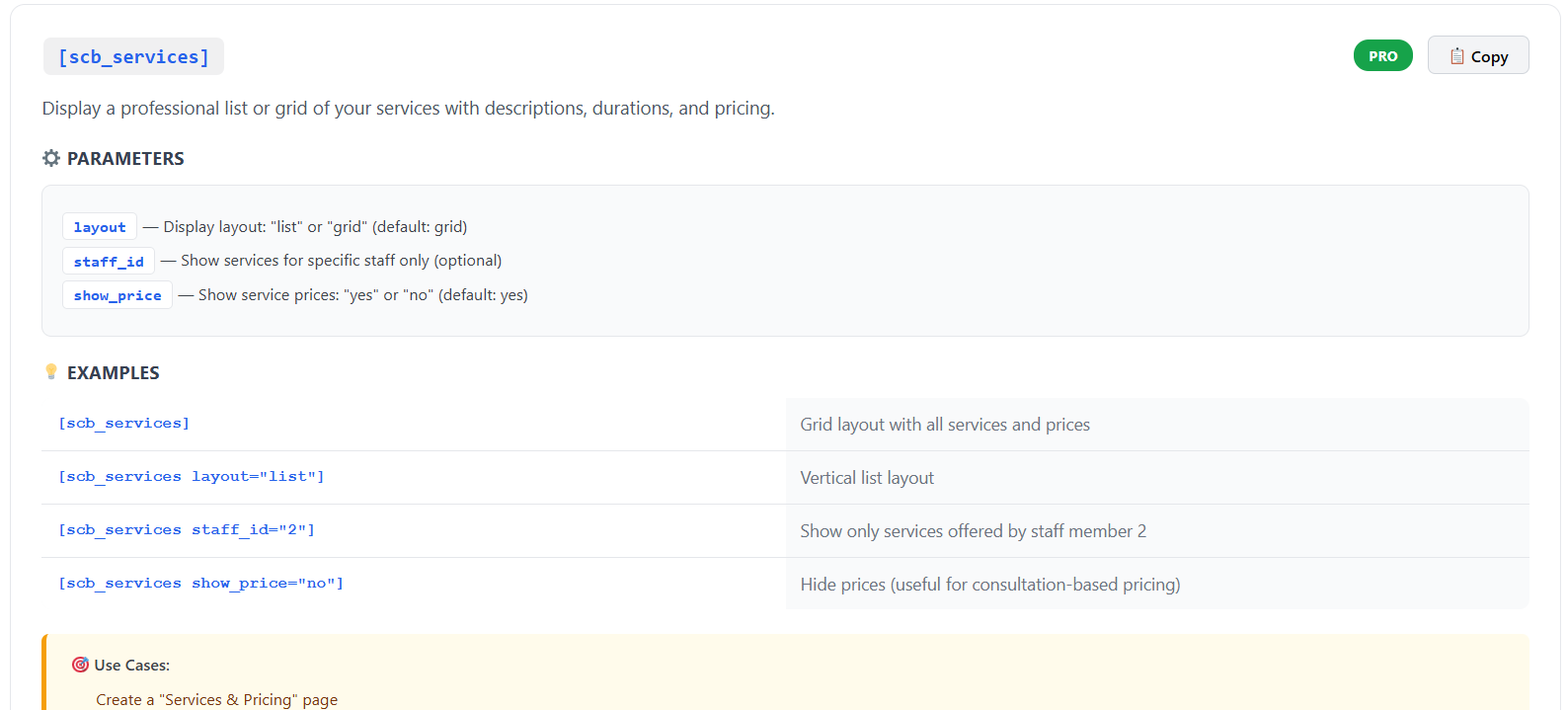 Services shortcode parameters