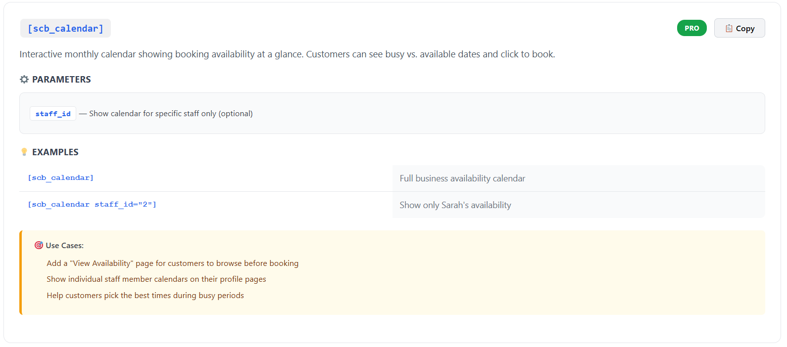 Calendar shortcode parameters