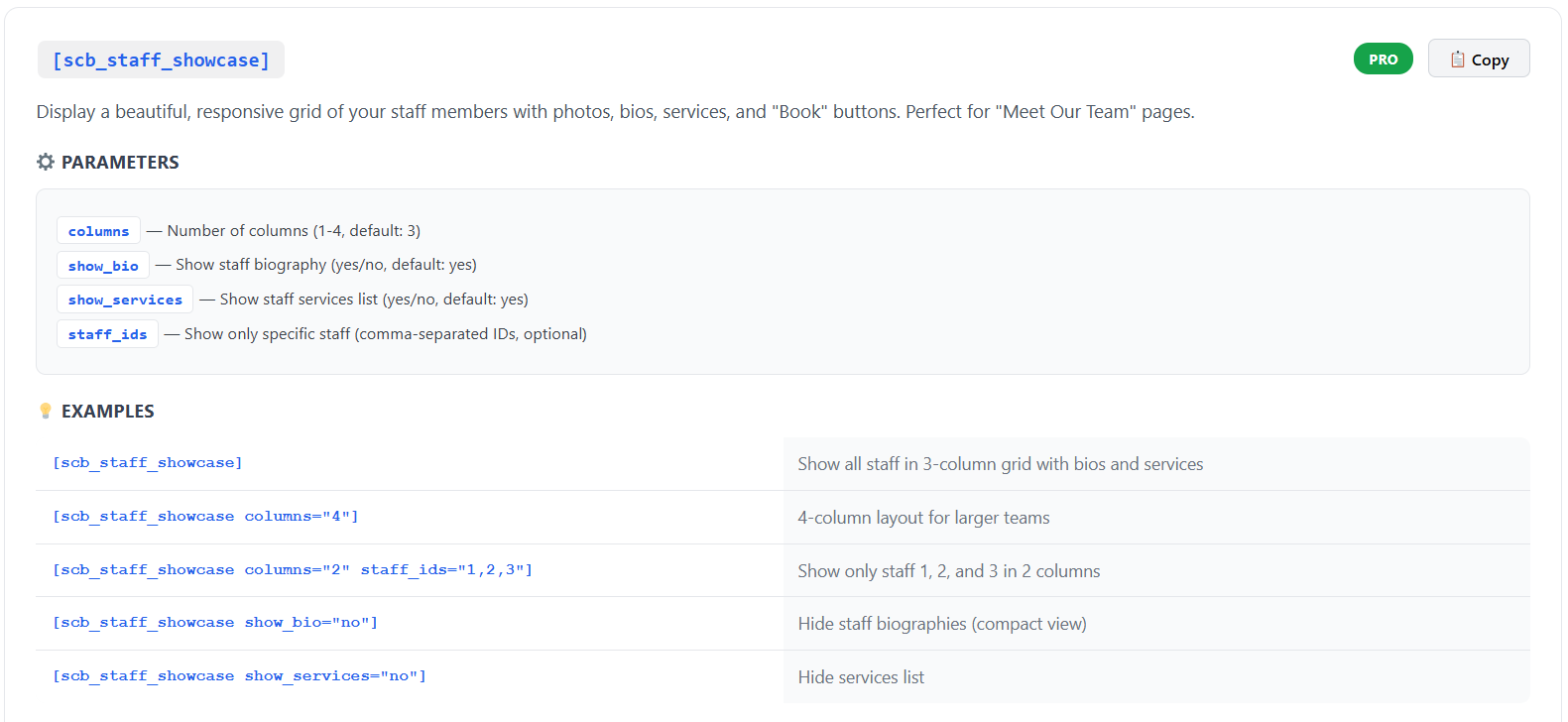 Staff showcase shortcode parameters