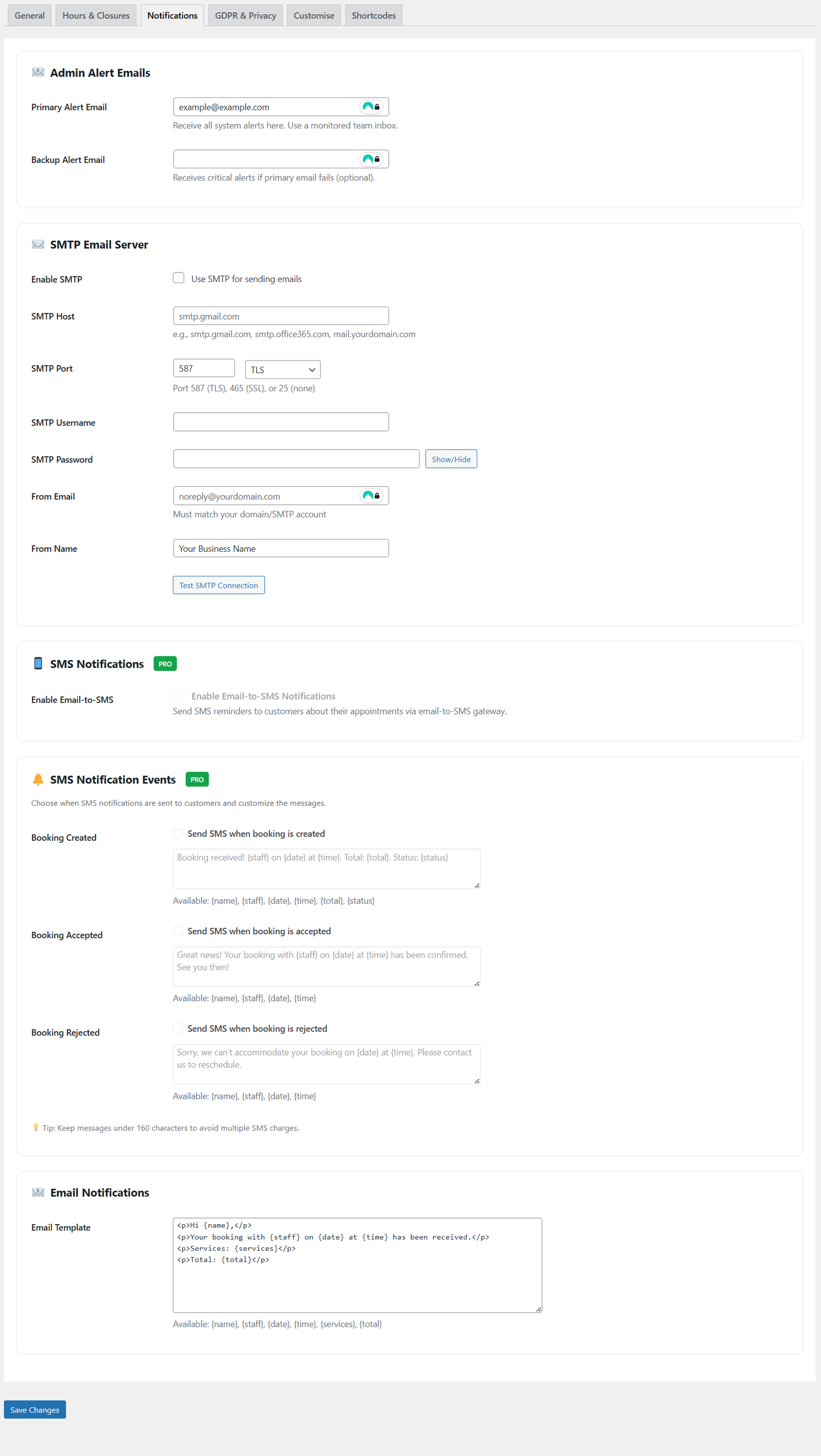 SMS notifications settings