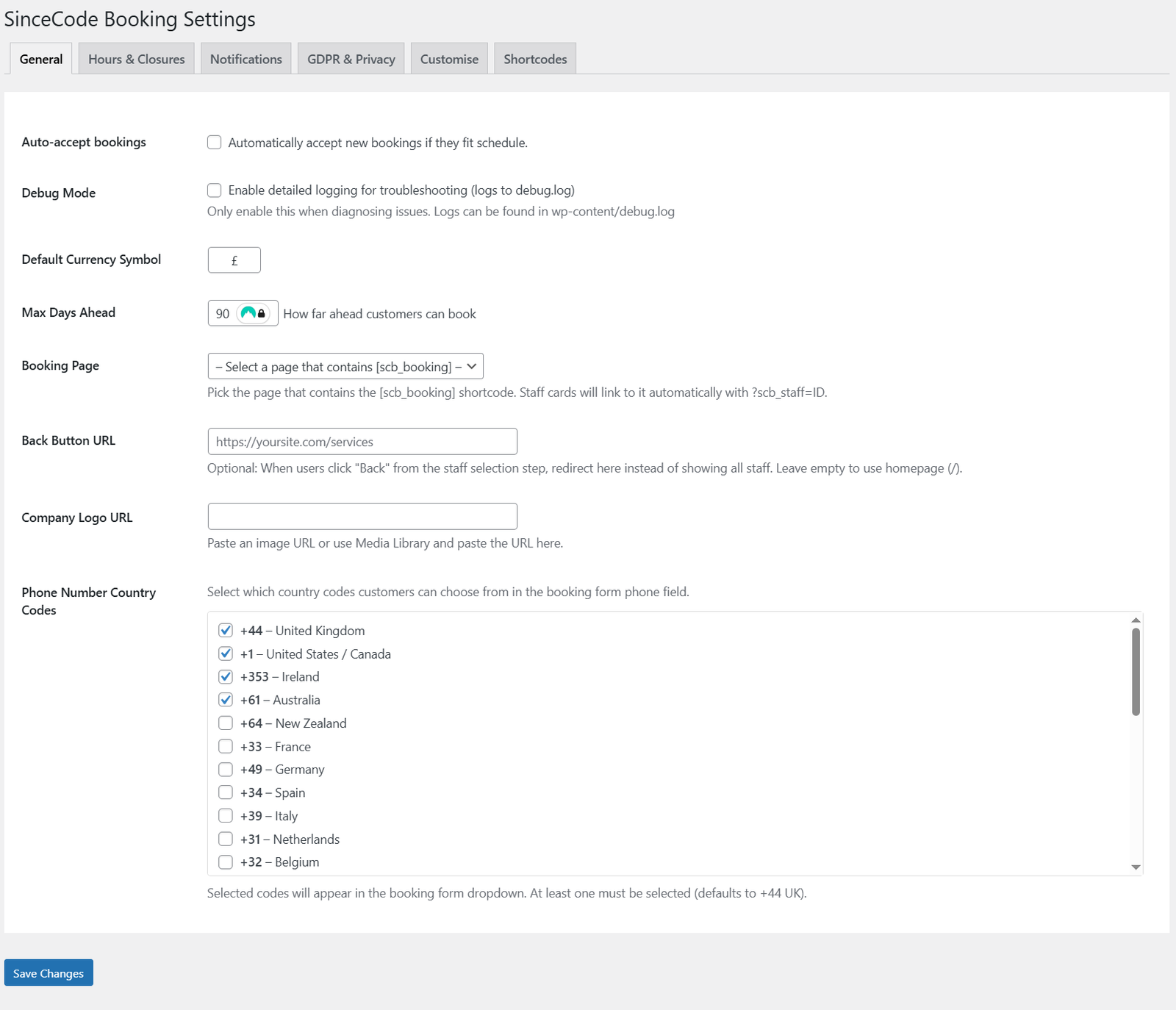 General settings tab