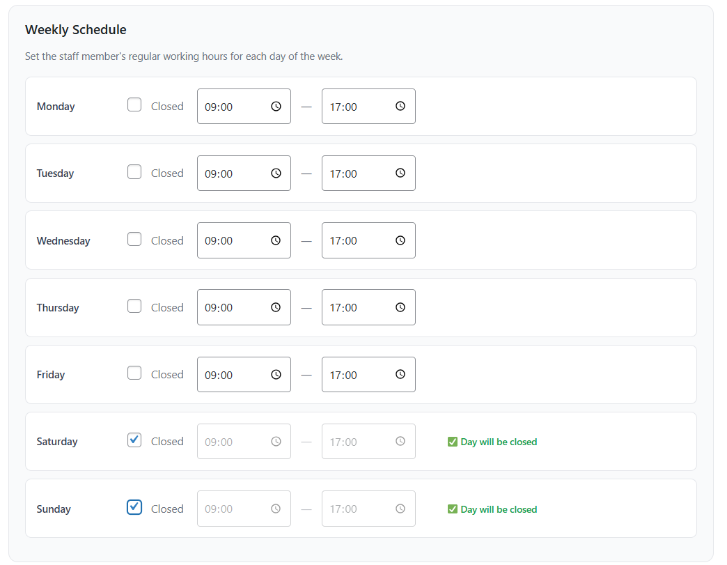 Working hours configuration