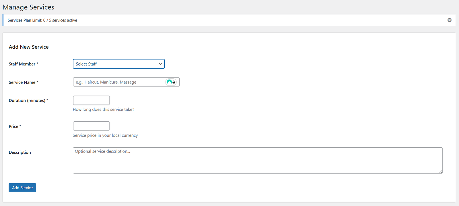 Add new service form