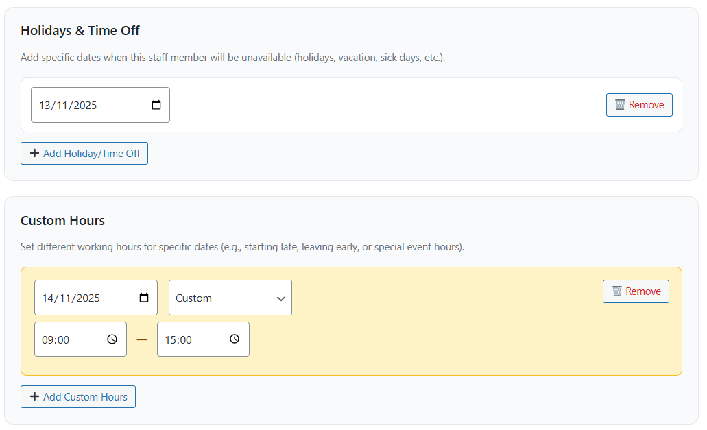 Holidays and time off configuration