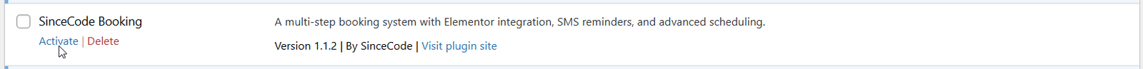 SinceCode Booking plugin activation