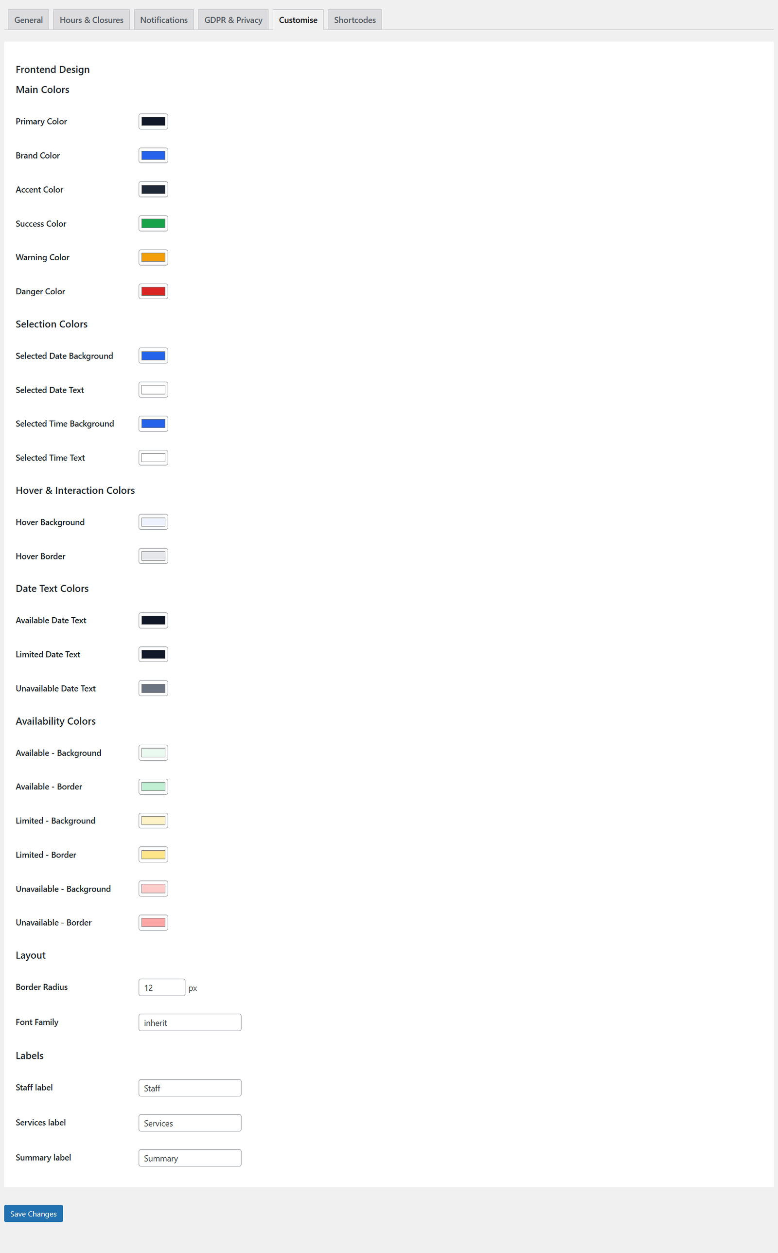 Customization settings