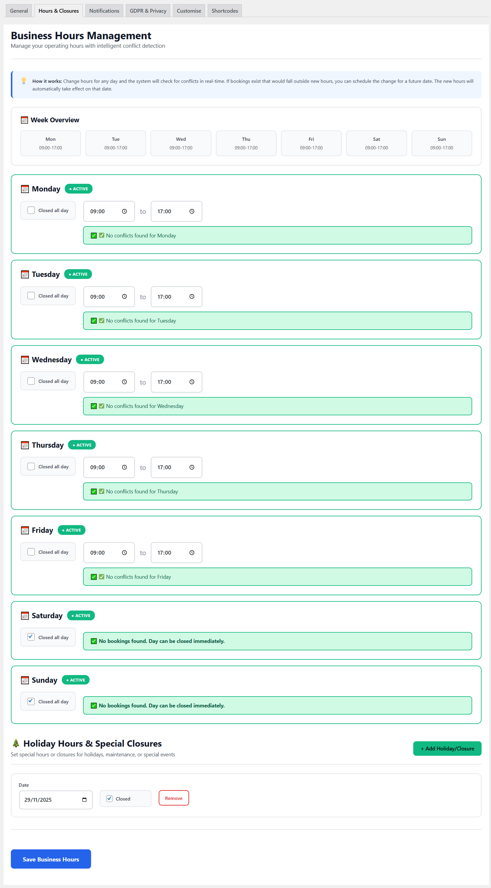Business hours configuration